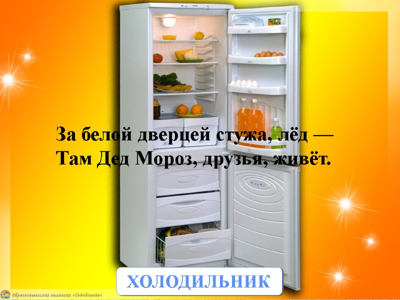 ХОЛОДИЛЬНИК За белой дверцей стужа, лёд — Там Дед Мороз, друзья, живёт.